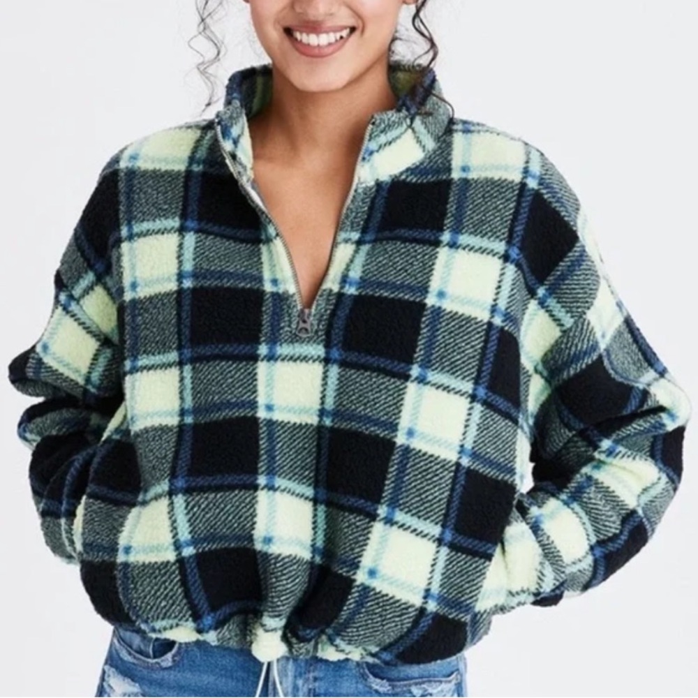 American Eagle Outfitters Blue and Green Plaid Sherpa Quarter Zip Jacket Size XS